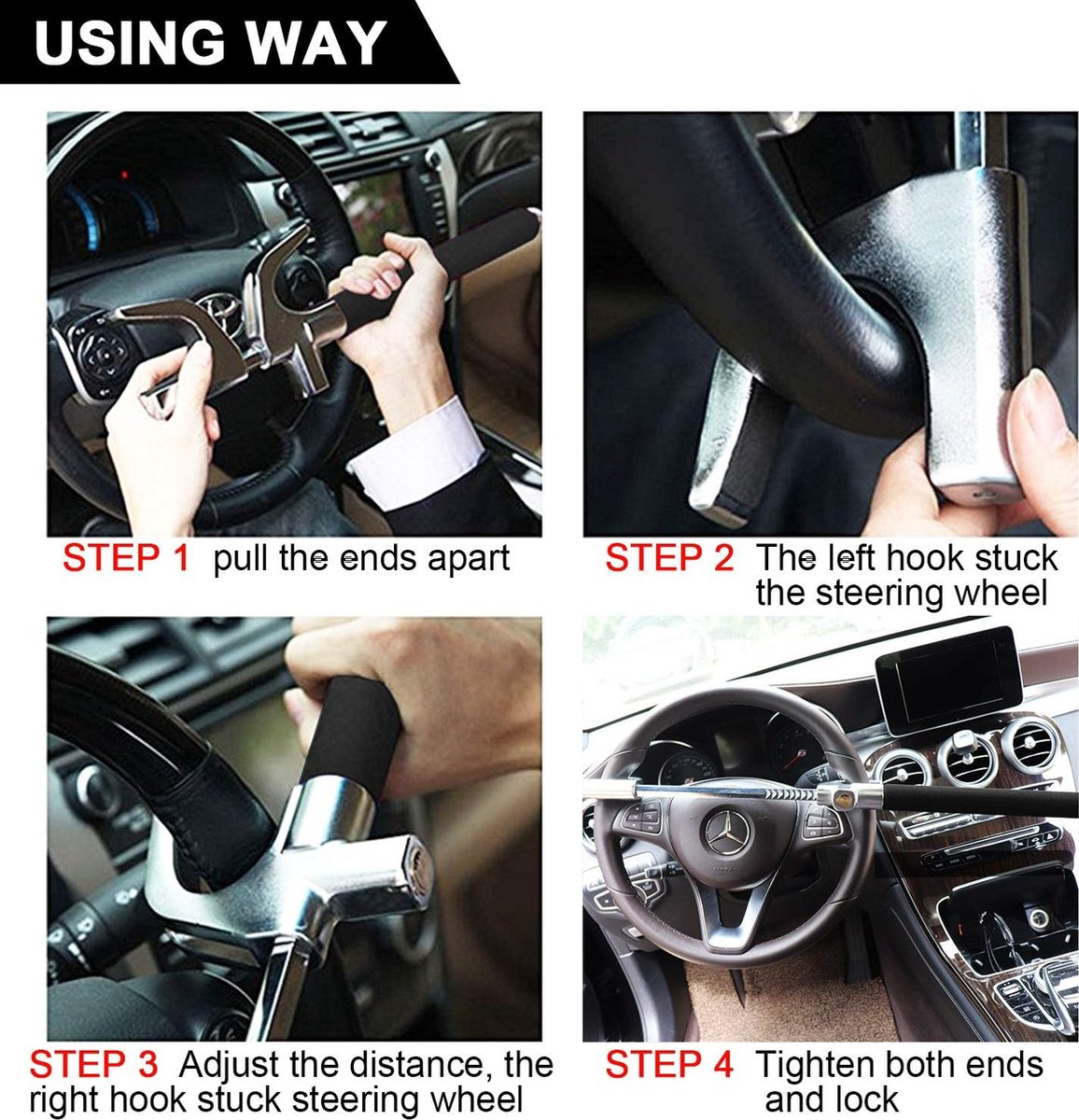 Tevlaphee Stuurslot Auto - Verstelbaar Anti-Diefstal Slot Met Dubbele Haak, Emergency Hammer & Zelfverdediging - Zwart