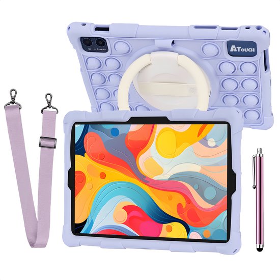 Paarse ATouch kindertablet met pop-it hoesje, draagriem, stylus en extra screenprotector.