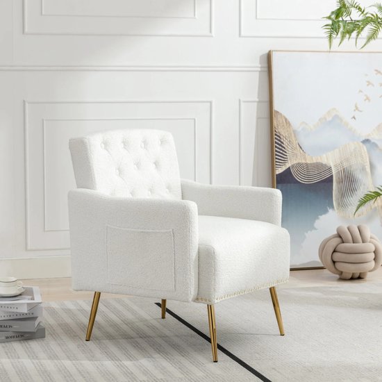EMBYANCE® Chaise - fauteuil - meuble TV Luxe en velours blanc - Avec poches latérales - Pieds dorés