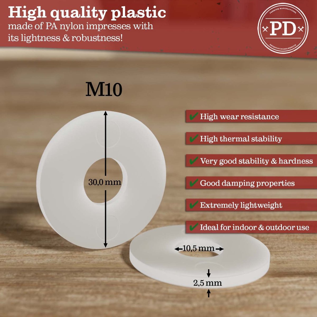 grote kunststof sluitringen M10 (DIN 9021 / ISO 7093) | PA nylon vulringen | kunststof vulringen met grote buitendiameter | 100 stuks