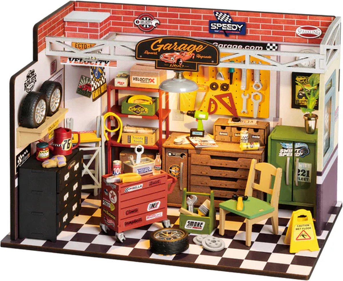 Robotime Rolife doe-het-zelf garage-werkplaats poppenhuis-bouwpakket 24 x 14,9 x 17,1 cm - 1 stuk,Wooninrichting, boekenkastdecoratie,Handgemaakte cadeaus voor volwassenen en tieners,Onderwijs speelgoed