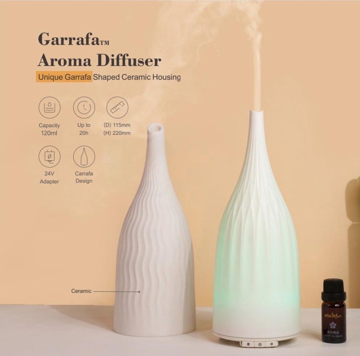Goedkoopste Garrafa Aroma Diffuser - Unieke Garrafa-vormige keramische behuizing - Wit - Warm licht - 120ml - Aromatherapie - Geurverspreider