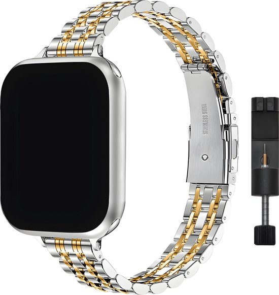 Innerlight® Narrow+ - Zilver/Goud - 42/44/45/46/49mm - Metalen bandje geschikt voor Apple Watch - RVS - Stainless Steel Watch Band - Roestvrijstaal - Horlogeband - Geschikt als Apple watch bandje voor Series 1/2/3/4/5/6/7/8/9/10/11/SE/Ultra/Ultra 2