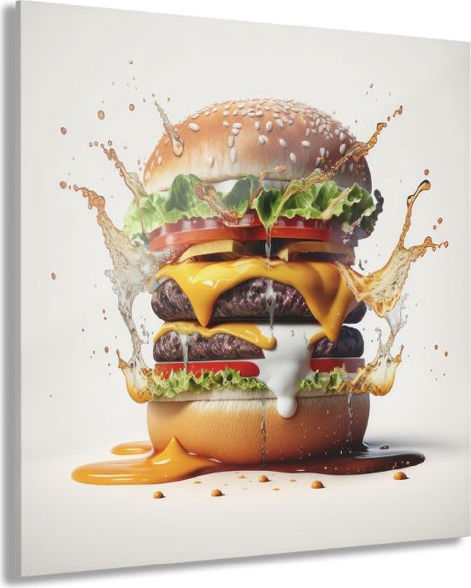 Myfinto Indoorart - Glasschilderij hamburger 50x50 CM - Afbeelding op plexiglas - Inclusief montagemateriaal wit