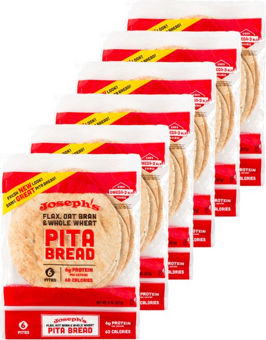 Pakket met zes Joseph's Flax, Oat Bran & Whole Wheat pita broodjes in witte verpakking met rode accenten.