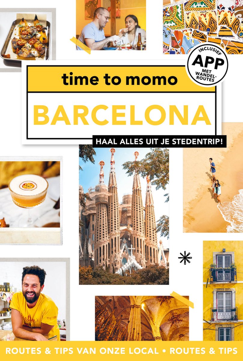 Boek 'time to momo Barcelona' met foto's van de Sagrada Familia, een appartementengevel en een cocktail.
