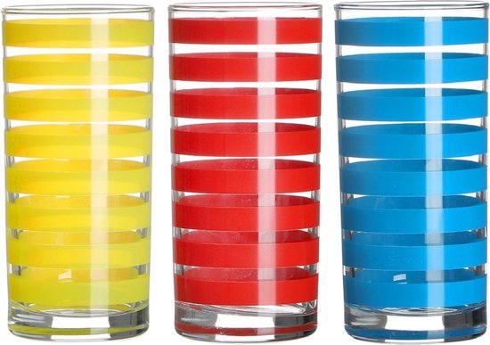 Trois verres à rayures horizontales jaunes, rouges et bleues, chacun de 295 ml.