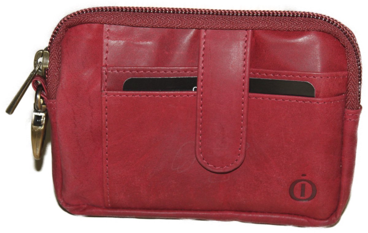 Oi rode vintage leren etui en pasjeshouder / ruim sleutelbeursje met ruimte voor contanten / reis portemonneetje met rits / flinke reisetui met bevestigingshaakje / rood leer / 515Red NR