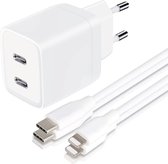 USB C Adapter - Snellader Geschikt voor iPhone en iPad - 1 Meter - Oplaadkabel - TPE Materiaal - GaN Oplader - Dubbele USB C Poorten - 45W Vermogen - Incl. Lightning Kabel - 2 Kabel PACK - Stekkerblok - Wit