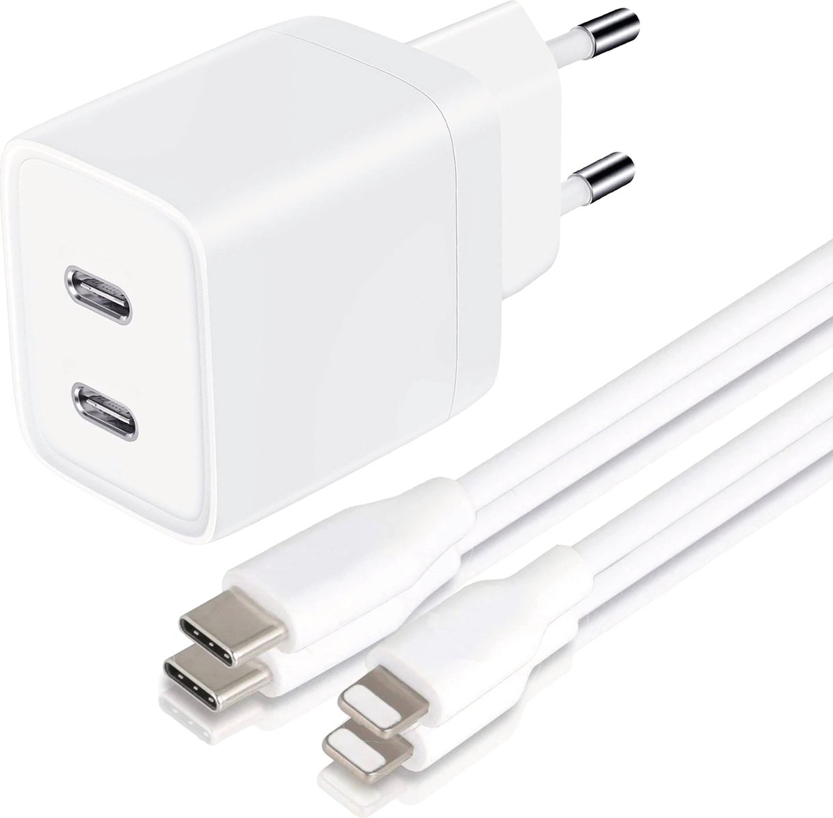 USB C Adapter - Snellader Geschikt voor Samsung Telefoon en Tablet - USB C naar USB C Kabel - 1 Meter - Oplaadkabel - TPE Materiaal - GaN Oplader - Dubbele USB C Poorten - 45W Vermogen - Incl. USB C Kabel - 2 Kabel PACK - Stekkerblok - Wit