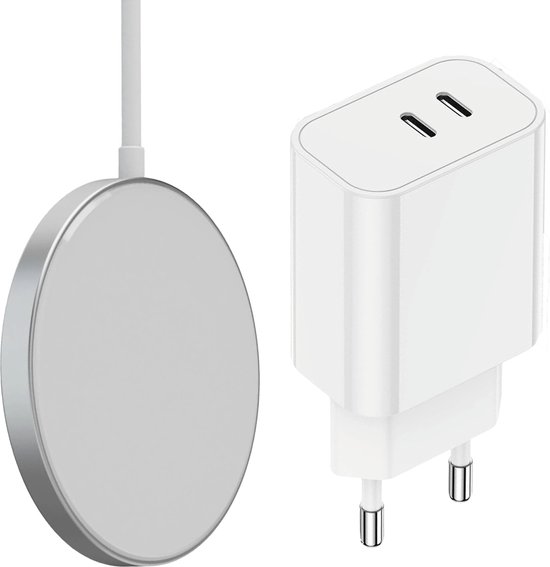 USB C Adapter - Snellader Magnetisch Geschikt voor MagSafe, iPhone en Samsung - 35W Vermogen - Dubbele USB C Poort - Draadloze Oplader - Draadloos 15W Vermogen - Wit