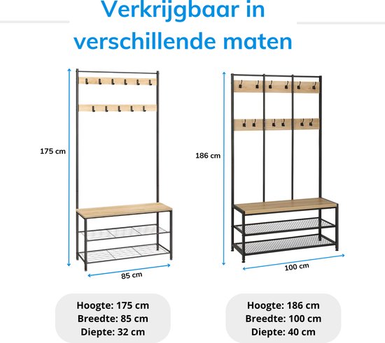 Twee maten kapstokken met afmetingen 175x85x32cm en 186x100x40cm.