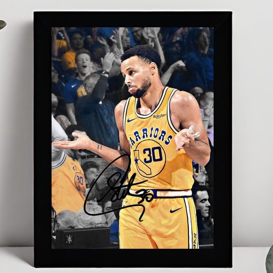Stephen Curry Art – Signature imprimée – 10 x 15 cm – Dans un cadre Zwart Classique – NBA – Basketbal – Golden State Warriors – Photo encadrée