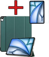 Hoes Geschikt voor iPad Air 2024 (13 inch) Hoes Book Case Hoesje Trifold Cover Met Screenprotector - Hoesje Geschikt voor iPad Air 6 (13 inch) Hoesje Bookcase - Donkergroen