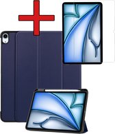 Hoes Geschikt voor iPad Air 2024 (11 inch) Hoes Book Case Hoesje Trifold Cover Met Uitsparing Geschikt voor Apple Pencil Met Screenprotector - Hoesje Geschikt voor iPad Air 6 (11 inch) Hoesje Bookcase - Donkerblauw