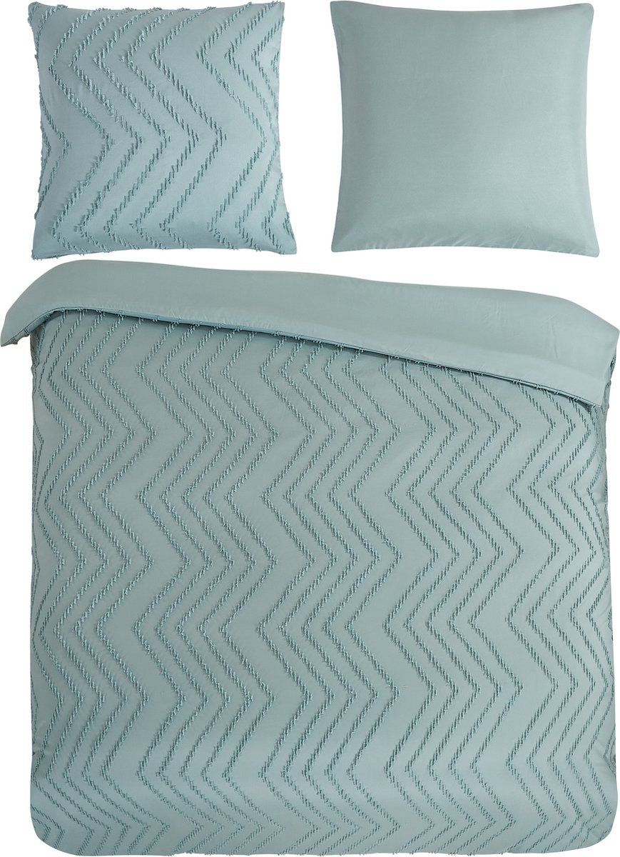 Pure dekbedovertrek luxe zizag biezen/ borduursels - Lits jumeaux 240x200/220 cm - Groen - Microvezel