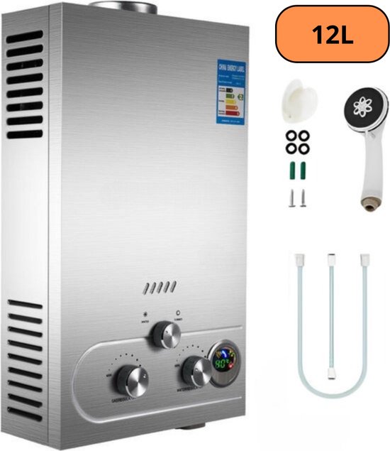 TADES® Propaan Geiser - LPG/Butaan Geiser - 12L - LCD Temperatuurweergave - Regelbare Tempratuur & Gastoevoer - Inclusief Douchekop Met Montagesetje