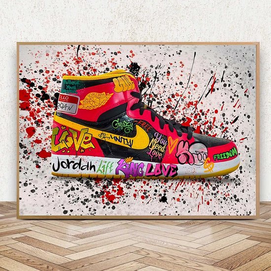 Allernieuwste.nl® Canvas Schilderij Jordan Sneaker Fashion Schoenen - Graffiti - kleur - 60