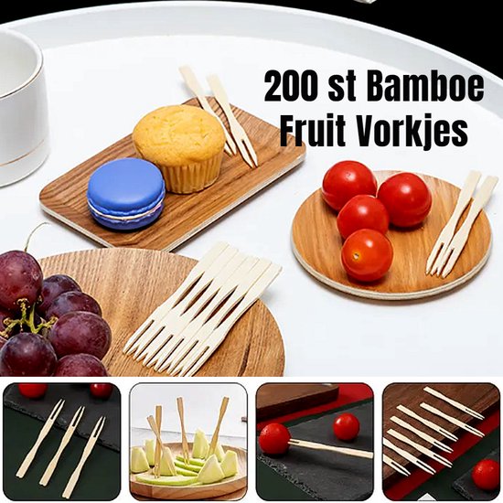 Allernieuwste.nl® 200 pcs Bamboe Jetable En Bois Fourchette À Fruits Dessert Couverts De Fête - Snack Fourchettes À Deux Services de table Vaisselle - Bamboe 200 PCS