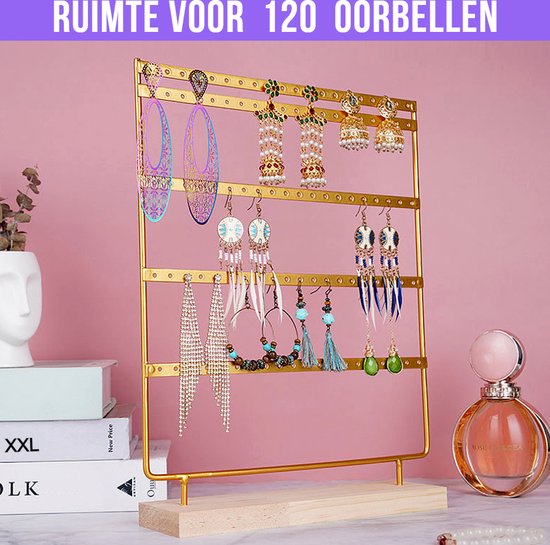 Allernieuwste.nl® Oorbellenrekje XXL Sieradenrekje Oorbellen Display Sieraden Rek Organizer - Voor 120 Oorbellen - HOUTEN VOET - 5 Verdiepingen - 35 x 26.5 x 7 cm - Kleur GOUD