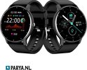 Twee zwarte smartwatches, één met tijd en datum, de ander met stappenteller en temperatuur. PARYA.NL logo.