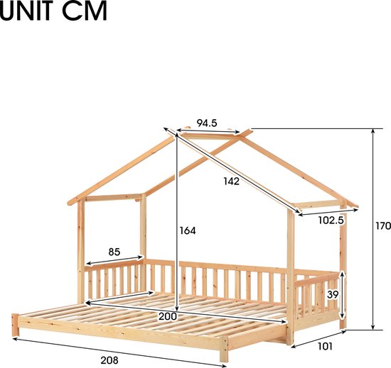 Afmetingen van het natuurlijke houten huisbedframe, inclusief dak en spijlen.