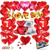 Fissaly 70 Stuks I Love You Liefde & Hartjes Decoratie Set – Versiering Cadeautje - Helium Ballonnen - voor Hem & Haar Cadeautje - Rood - Moederdag