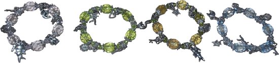 Armbanden transparant-groen-geel-blauw met metalen hangertjes set van 4 stuks.