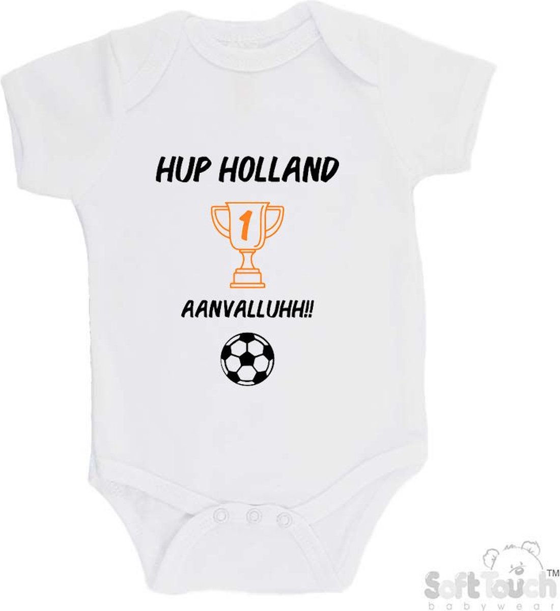 100% katoenen Romper "Hup Holland AANVALLUHH!!" EK Voetbal Europees Kampioen Kampioenschap Oranje Unisex Katoen Wit/zwart/oranje Maat 62/68
