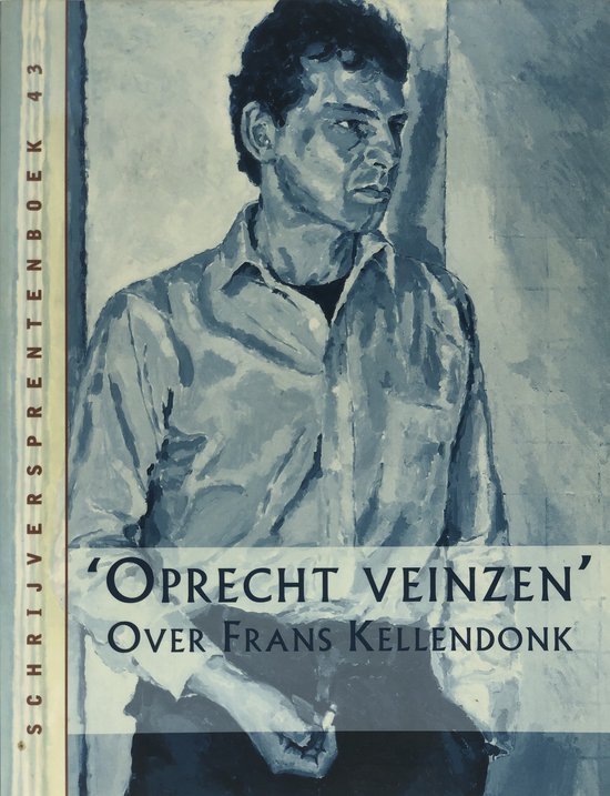 Een schilderij van een man in een lichtblauw hemd, met de titel 'Oprecht veinzen' geschreven in witte letters.
