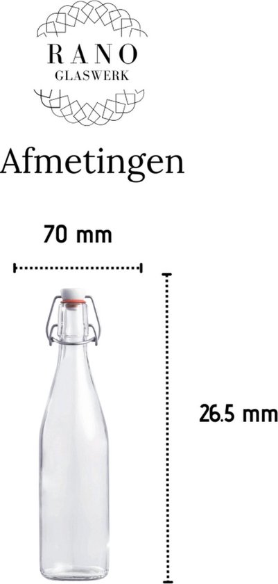 Glazen beugelfles met zilverkleurige beugel en witte dop, 70mm breed en 26.5cm hoog.