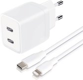 USB C Adapter - Snellader Geschikt voor iPhone en iPad - 2 Meter - Oplaadkabel - TPE Materiaal - GaN Oplader - Dubbele USB C Poorten - 45W Vermogen - Incl. Lightning Kabel - Stekkerblok - Wit
