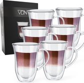VDN Verres à café à double paroi, verres à thé avec anse - Mugs de 300 ML - Lot de 6 verres à cappuccino, latte macchiato en verre soufflé à la main à double paroi