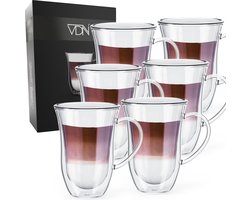 VDN Dubbelwandige Koffieglazen Theeglazen met oor - 300 ML koffietassen - Set Van 6 Handgeblazen Cappuccino Latte Macchiato Glazen - Sinterklaas & Kerst Cadeau