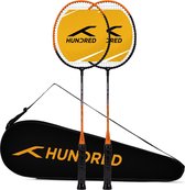 HONDRED Powertek 100 (set van 2) badmintonracket met volledige hoes (zwart/oranje, maat: standaard, gripmaat: G5) | Bespannen | Materiaal: aluminium | Maximale spanning: 16-18 pond | voor gemiddelde speler