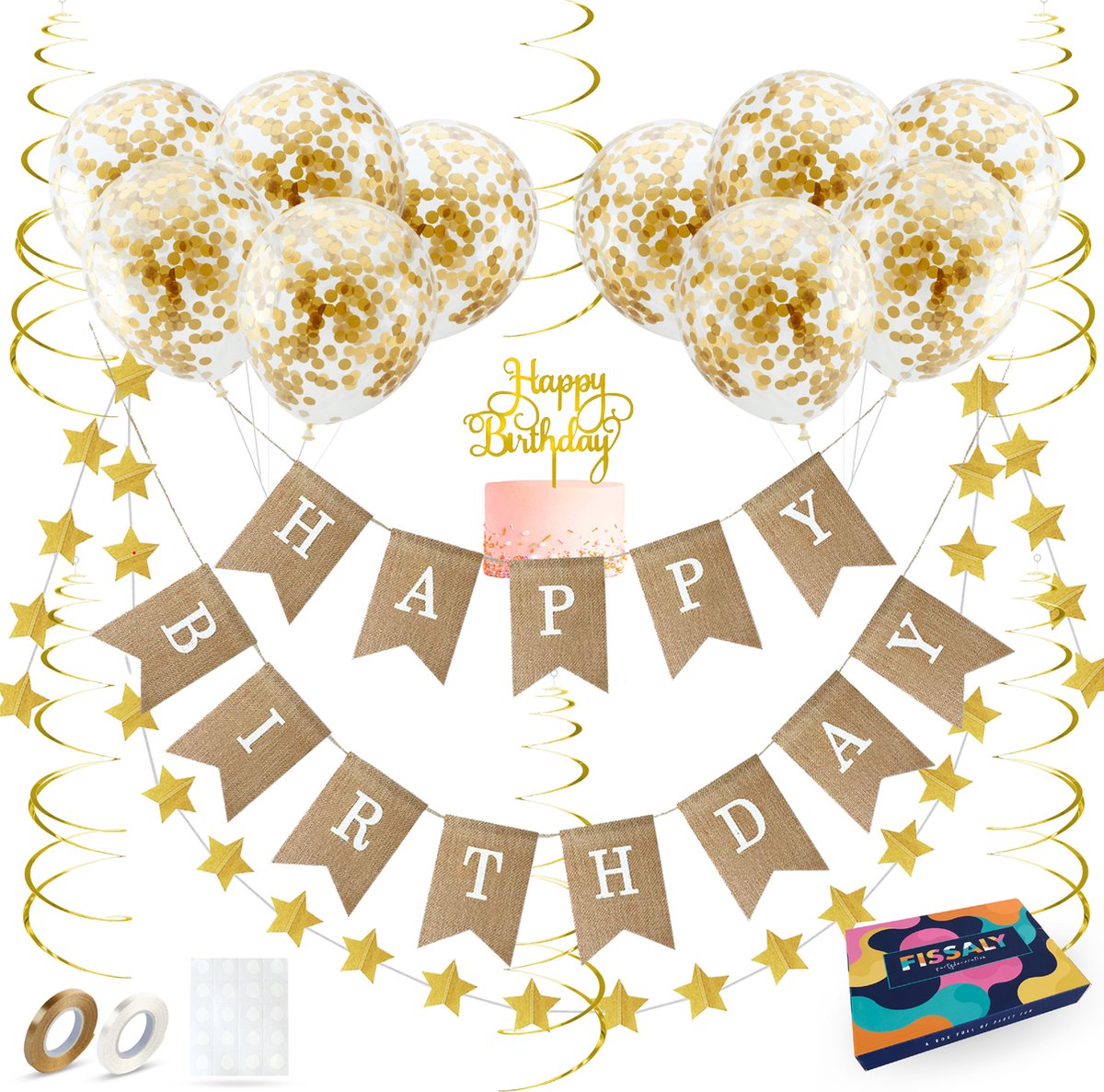 Fissaly Verjaardag Jute Slinger met Papieren Gouden Confetti Ballonnen – Decoratie – Happy Birthday - Letterslinger