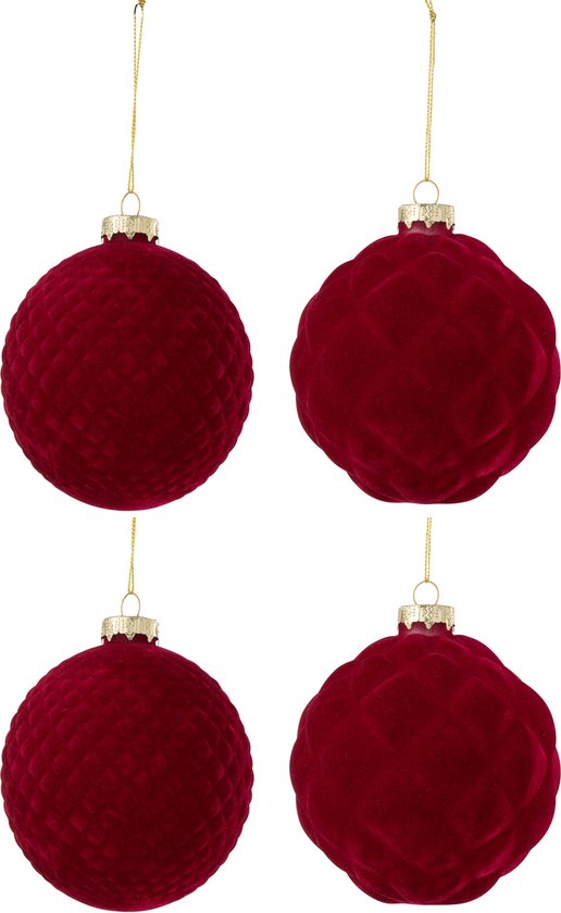 J-Line boule de Noël - velours - rouge - large - boîte de 4