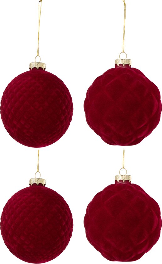 J-Line Doos Van 4 Kerstbal 2+2 Fluweel Rood Large