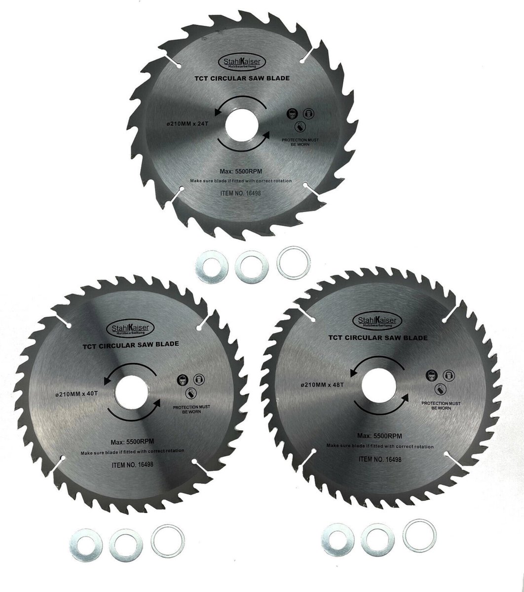 StahlKaiser Cirkelzaagbladen Set - Ø 210 mm - 24/40/48 Tanden - Inclusief Verloopringen