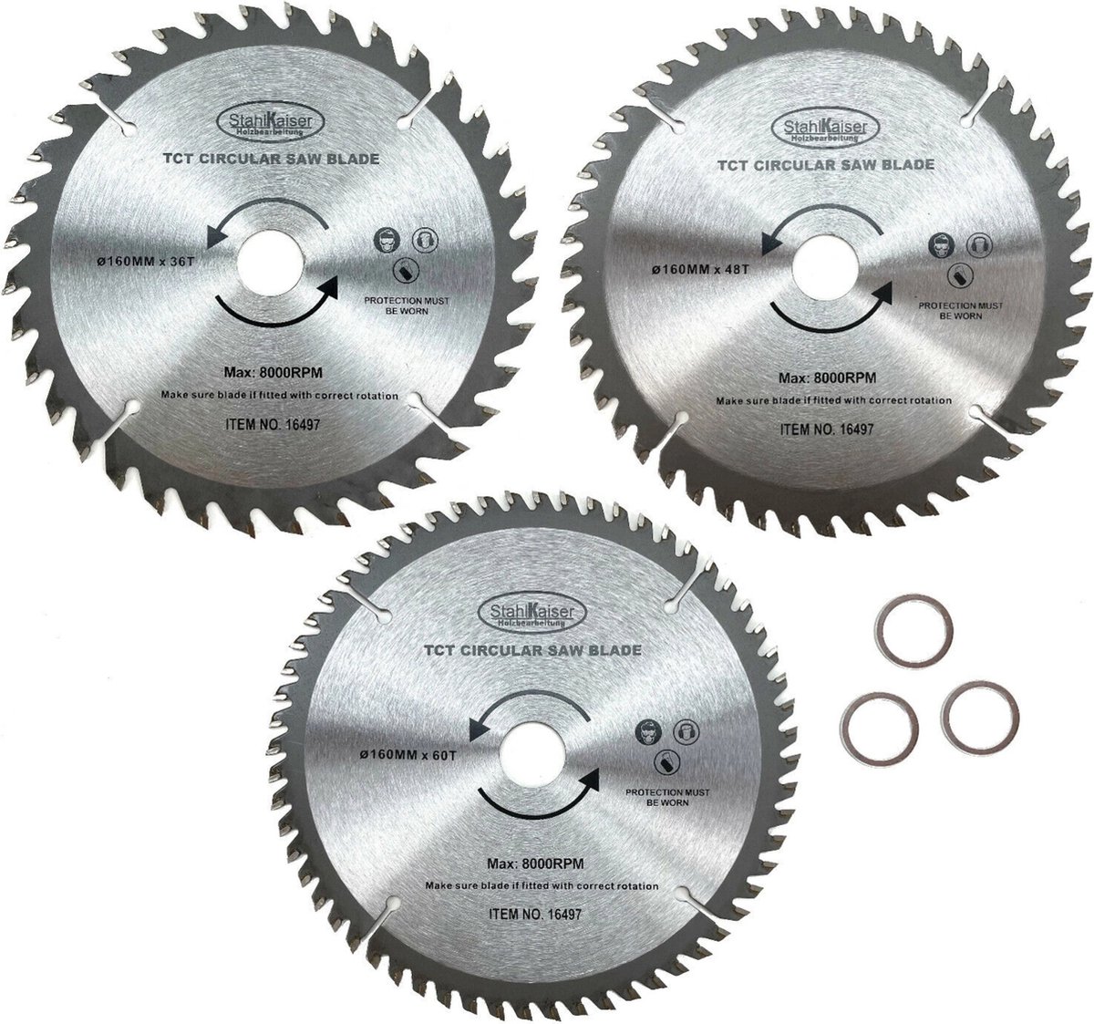 StahlKaiser Cirkelzaagbladen Set - Ø 160 mm - 36/48/60 Tanden - Inclusief Verloopring