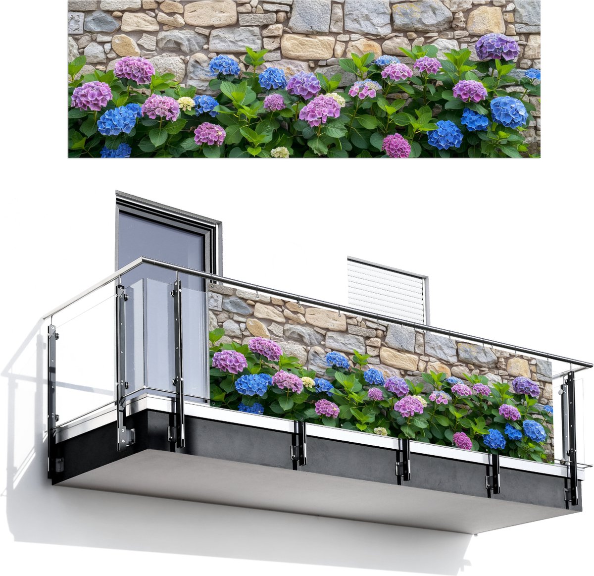 Balkonscherm 300x100 cm - Balkonposter Hortensia - Bloemen - Bladeren - Stenen - Balkon sc