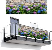 Balkonscherm 300x100 cm - Balkonposter Hortensia - Bloemen - Bladeren - Stenen - Balkon scherm decoratie - Balkonschermen - Balkondoek zonnescherm