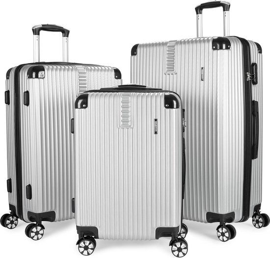 BRUBAKER Kofferset London - 3-delige Kofferset met Handbagage - Hardcase Koffer met Cijferslot, 4 Wielen en Comfortabele Handgrepen - ABS Trolleys (M, L, XL - Zilver)