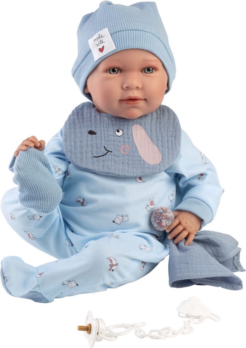 Llorens Huilende Babypop Mimo Blauw met Slabbetje, Knuffeldoek en geluid 42cm