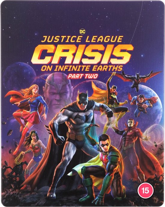 Justice League: Crisis on Infinite Earths - Part Two 4K Ultra HD + Blu-Ray cover met de Justice League in actie.