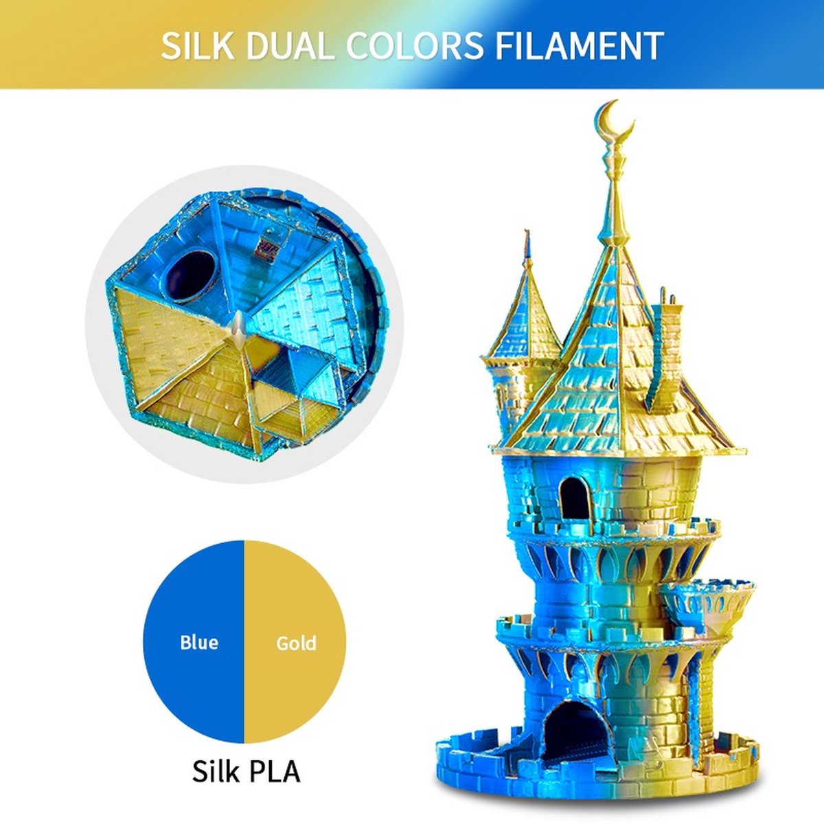 Eryone - Duo Silk - Gold + Blue - PLA Filament - 1 Kg 1,75mm - Voor 3D-printer & 3D-pen - Goed en Blauw
