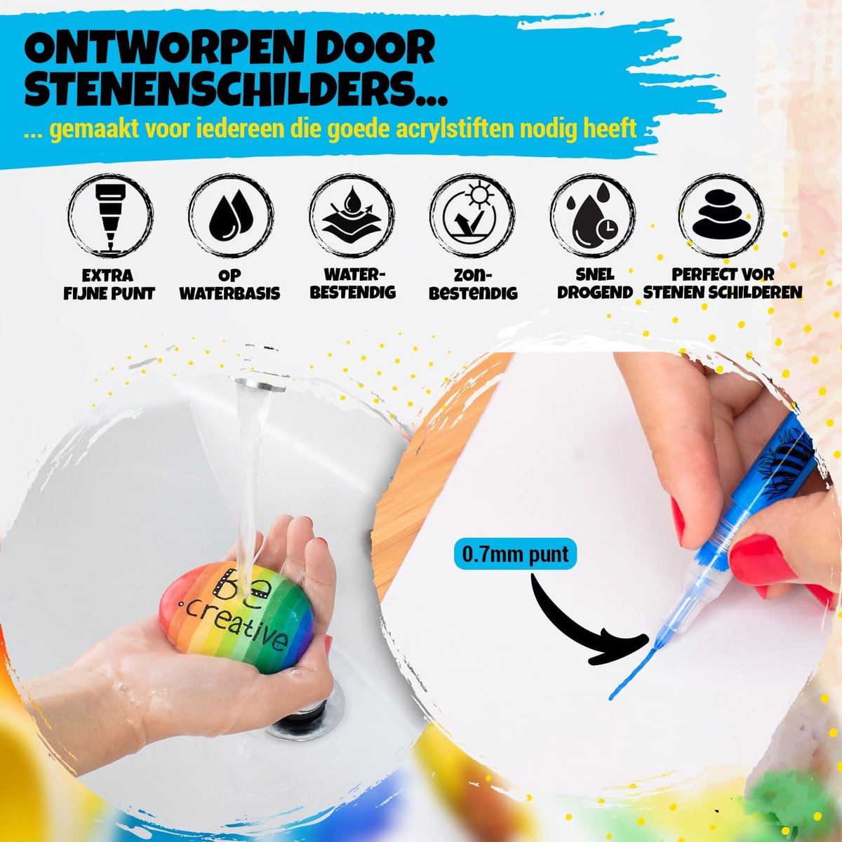 15 platte stenen om te beschilderen en 12 kleuren, waterbestendig
