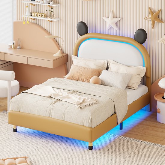 Sweiko Kinderbed gestoffeerd 140*200 cm, met LED verlichting, plat bed in tweekleurig kunstleer, verstelbaar hoofdeinde, tweepersoonsbed jeugdbed, plat bed met lattenbodem, geel-bruin