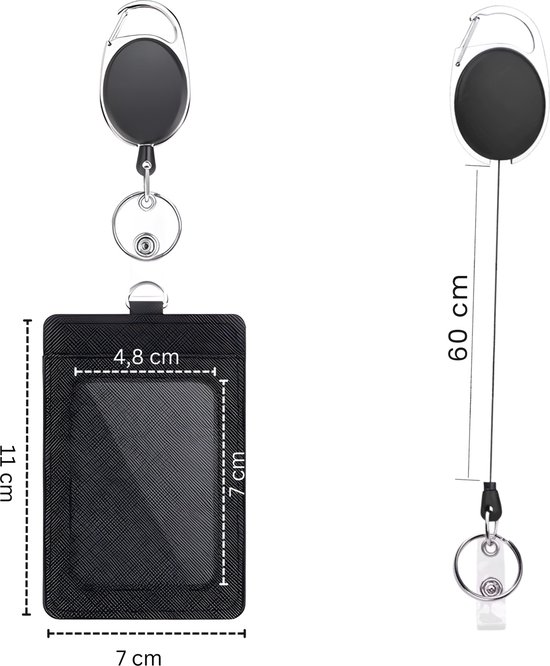 Dimensions du porte-carte noir : 11 cm de haut, 7 cm de large. Cordon rétractable : 60 cm.