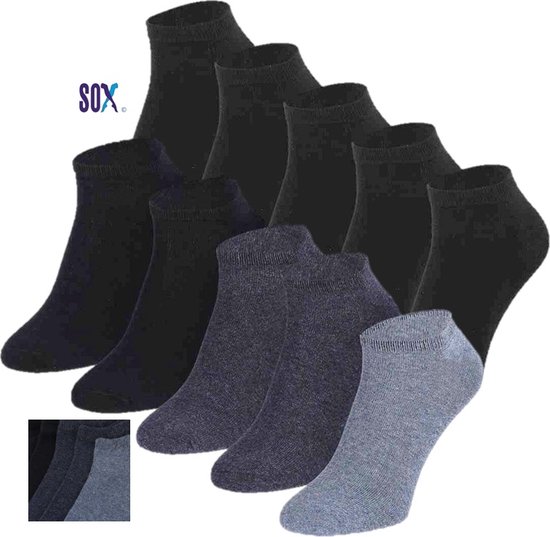 SOX 10 PACK Sneakersokken en Enkelsokken Multipack Effen Mix Marine en Jeans Maat 37/42 in 80% Katoen